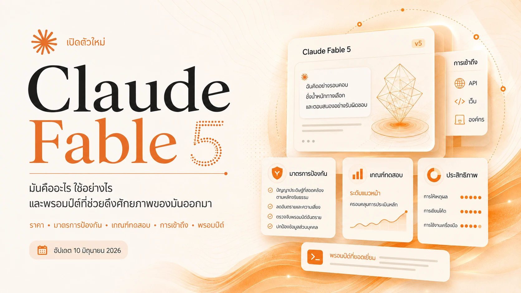 Claude Fable 5: มันคืออะไร วิธีใช้งาน และพรอมต์ที่ใช้ประโยชน์จากมัน — โมเดลระดับ Mythos ตัวแรกที่เปิดให้สาธารณะของ Anthropic อธิบายพร้อมแหล่งอ้างอิง: ราคา มาตรการป้องกัน เกณฑ์มาตรฐาน วิธีเข้าถึง กรณีใช้งานจริง และพรอมต์สำหรับคัดลอกวาง