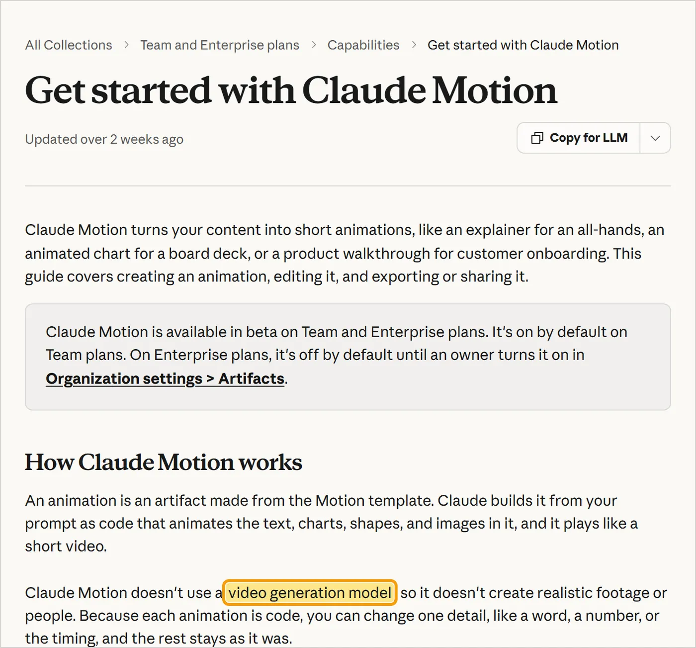 Claude 帮助中心文章 Get started with Claude Motion 的截图:Motion 以测试版形式向 Team 和 Enterprise 套餐开放,不使用视频生成模型。