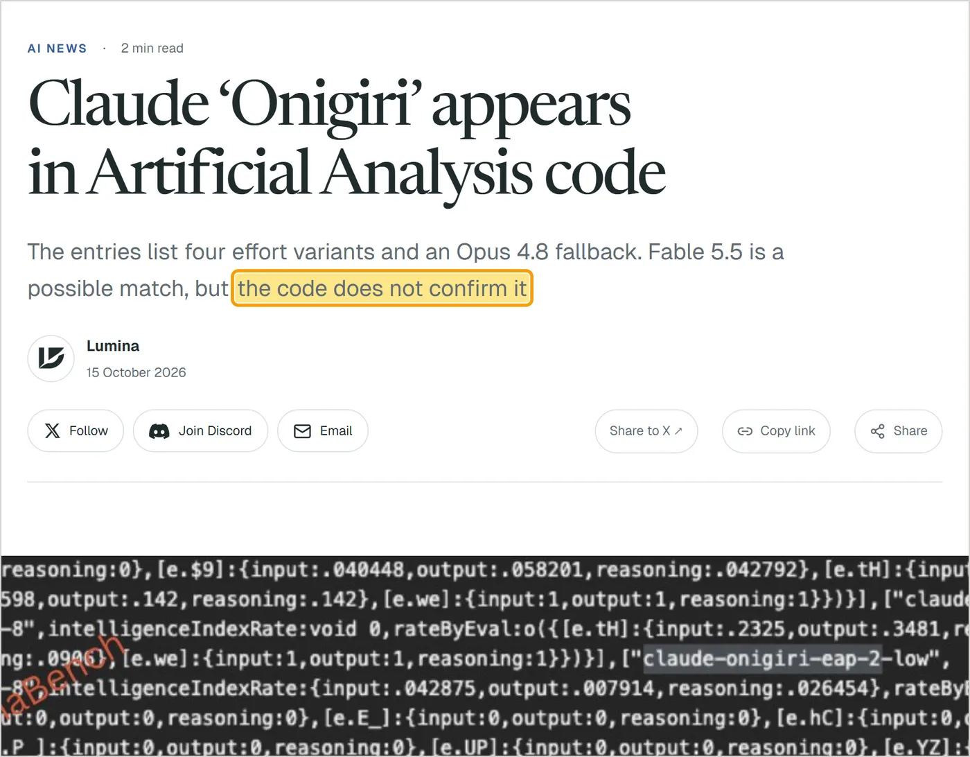 LuminaBench 文章 Claude Onigiri appears in Artificial Analysis code 的截图,日期为 2026 年 10 月 15 日,代码不能证实 Fable 5.5 的说明被高亮。
