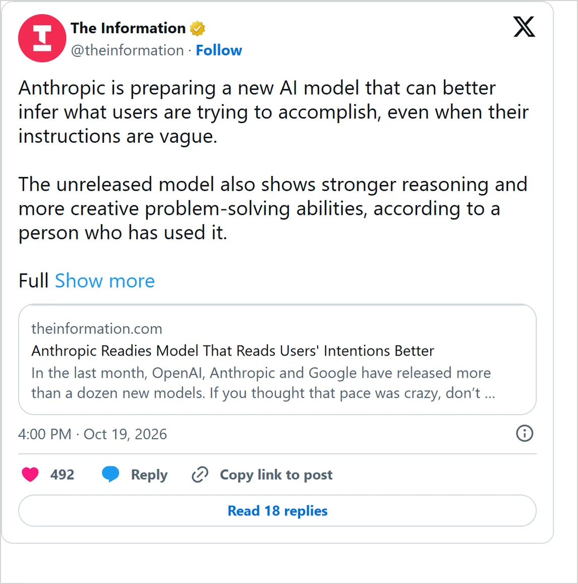 The Information 于 2026 年 10 月 19 日在 X 上发布的帖子截图:Anthropic 正在准备一款更能推断用户意图的新模型。