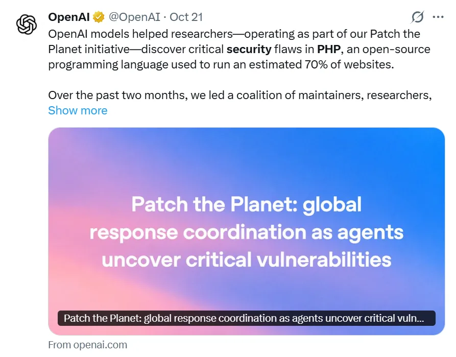 OpenAI 在 X 上的帖子截图,称其模型帮助 Patch the Planet 计划的研究人员发现了 PHP 的严重安全漏洞。